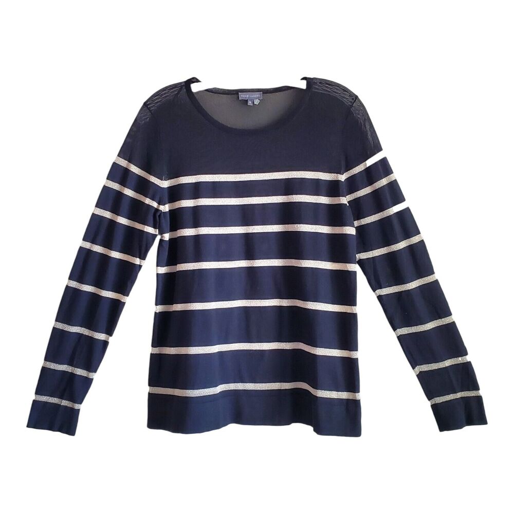 VINCE CAMUTO Women's M Sweater Black Gold Sheer Neckline & Shoulders Striped 36"